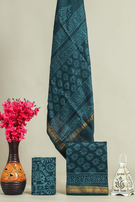 Designer Handblock Printed Maheshwari Silk Suit Set