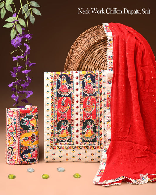 Premium Gota Patti Work Cotton Suit Set With Chiffon Dupatta