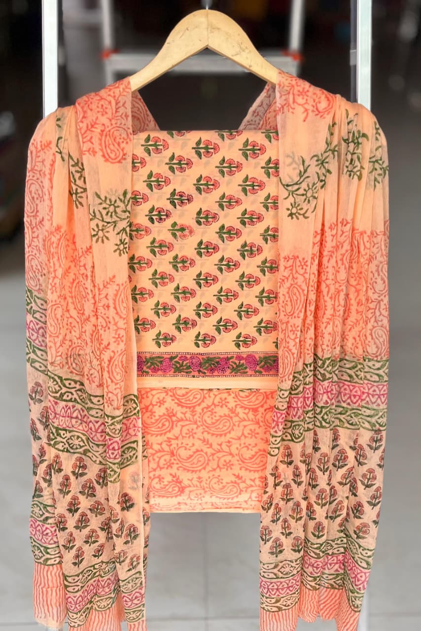 Pure Cotton Hand Block Printed Suit Set With Chiffon Dupatta