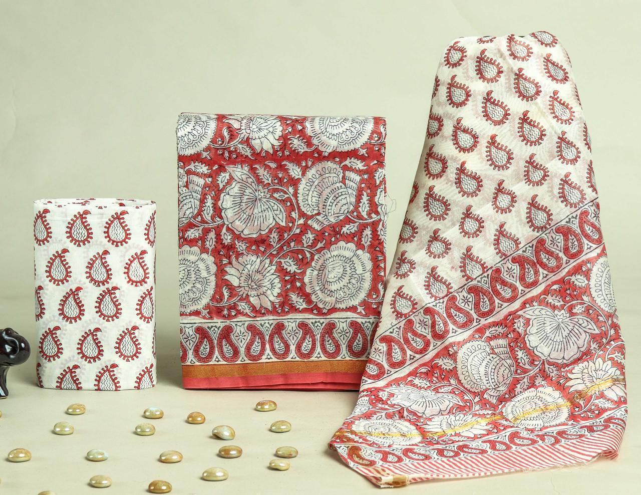 Designer Handblock Printed Chanderi Silk Suit Set