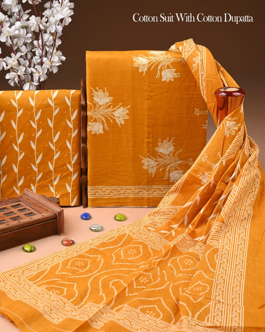 Pure Soft Cotton Hand Block Printed Suit Set With Cotton Dupatta