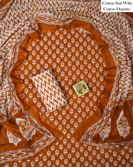 Designer Hand Block Printed Cotton Suit Set With Cotton Dupatta