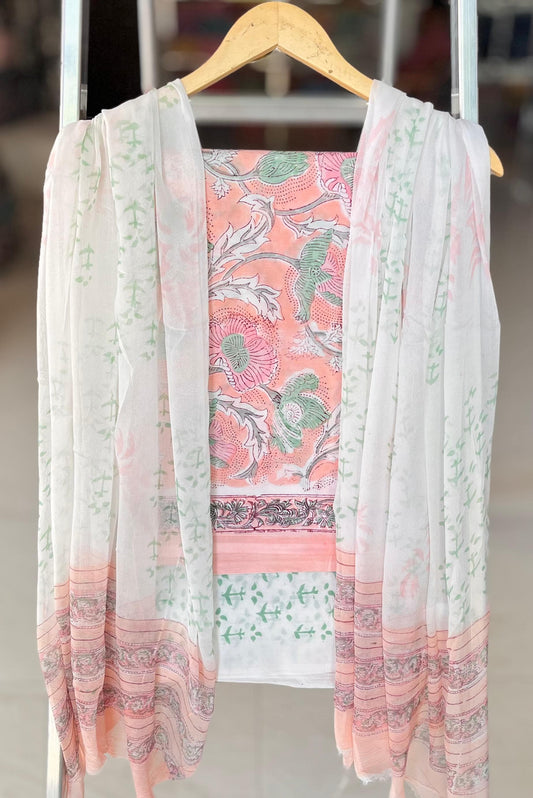 Pure Cotton Hand Block Printed Suit Set With Chiffon Dupatta