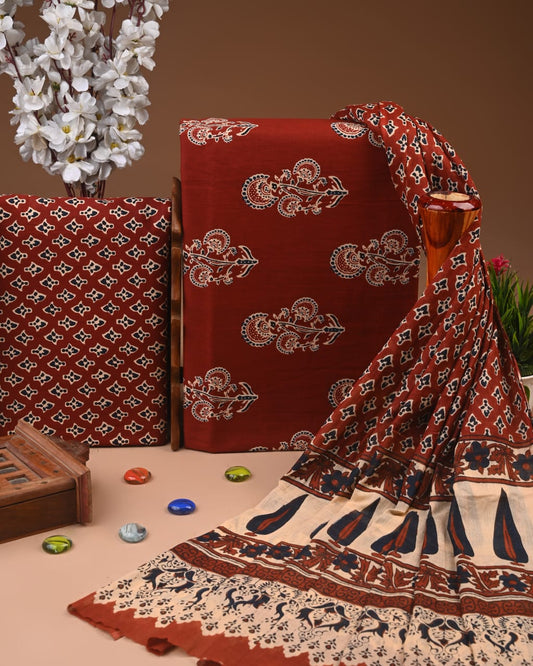 Designer Hand Block Printed Cotton Suit Set With Cotton Dupatta