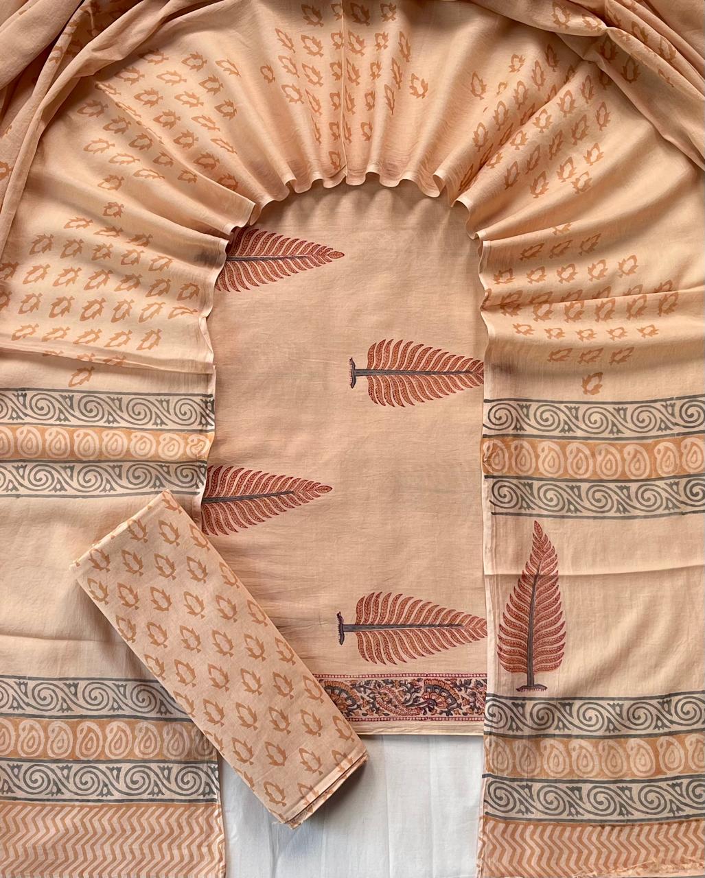 Pure Soft Cotton Hand Block Printed Suit Set With Cotton Dupatta