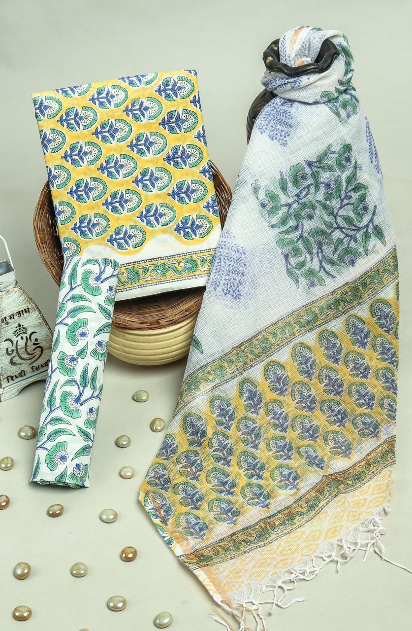 Pure Cotton Hand Block Printed Suit Set With Kota Doria Dupatta