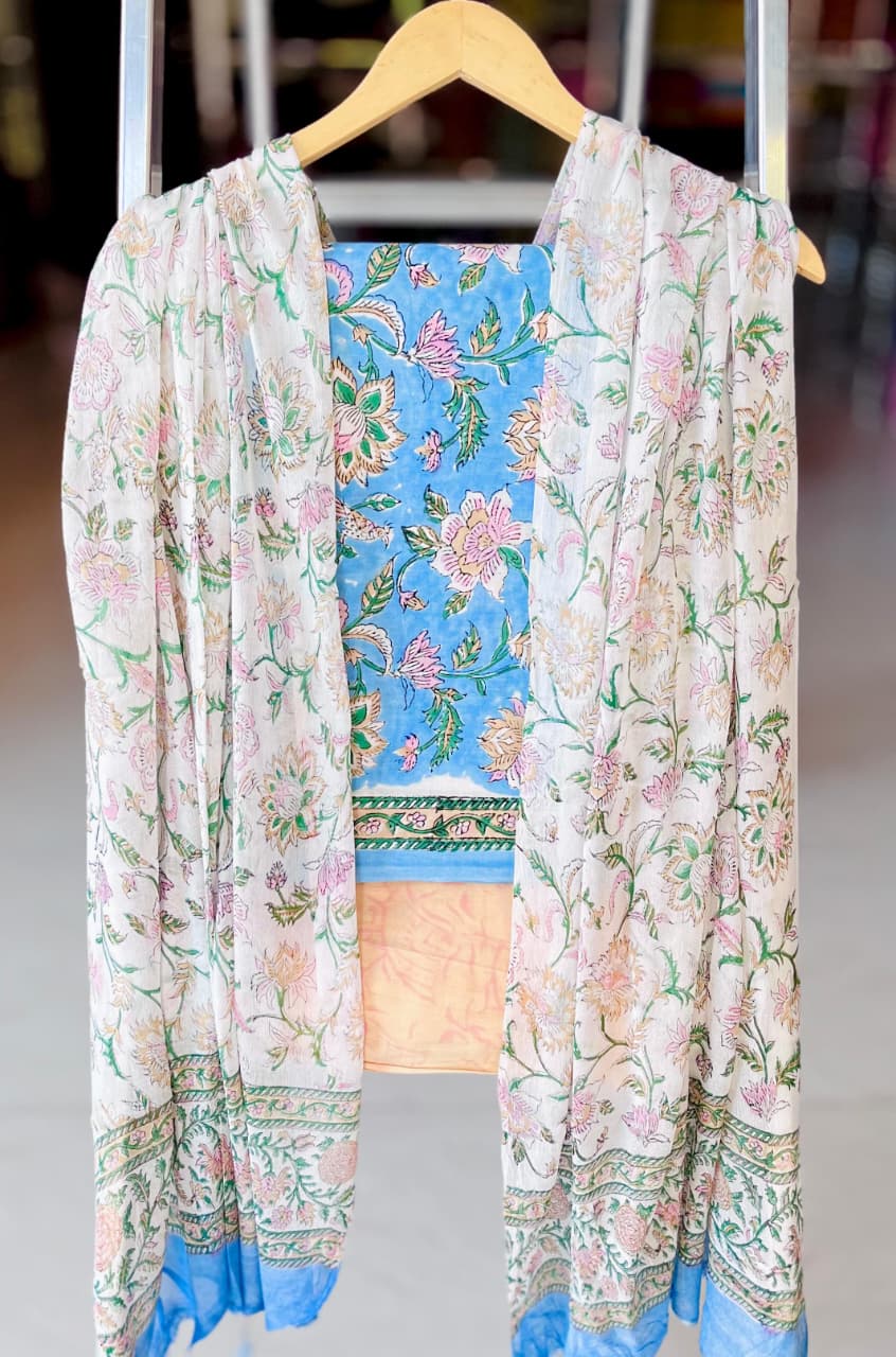 Pure Cotton Hand Block Printed Suit Set With Chiffon Dupatta
