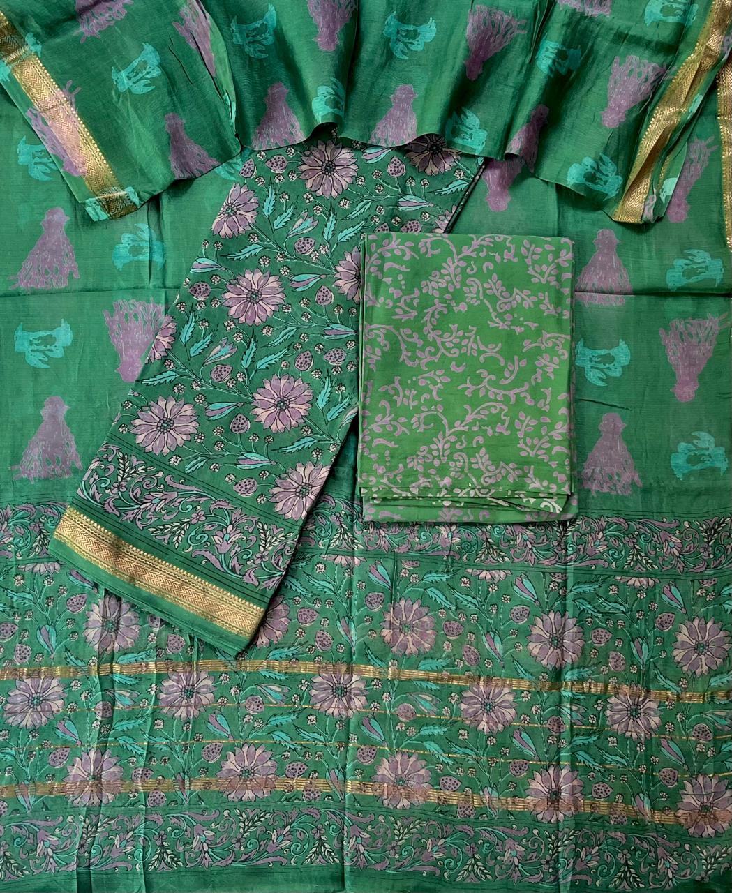 Premium Designer Handblock Printed Maheshwari Silk Suit Set