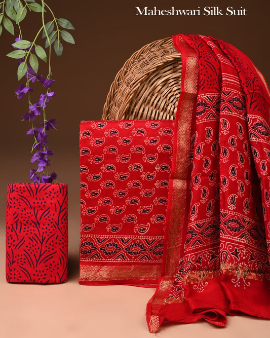 Premium Designer Handblock Printed Maheshwari Silk Suit Set