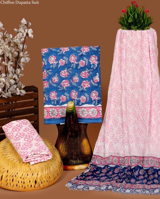 Pure Cotton Hand Block Printed Suit Set With Chiffon Dupatta