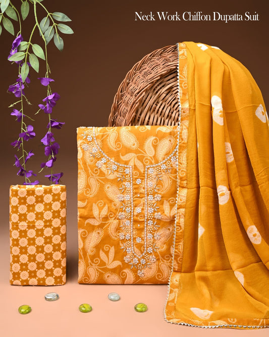 Premium Gota Patti Work Cotton Suit Set With Chiffon Dupatta