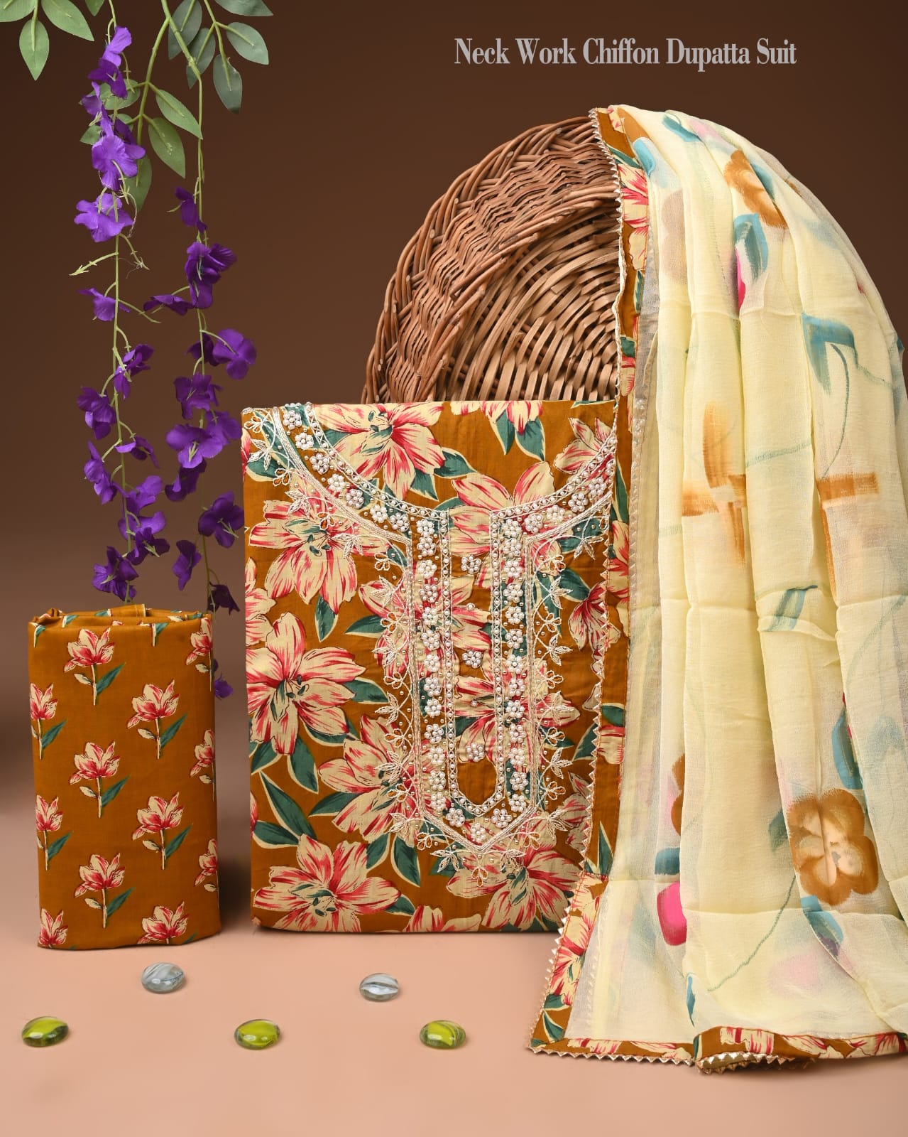 Premium Gota Patti Work Cotton Suit Set With Chiffon Dupatta