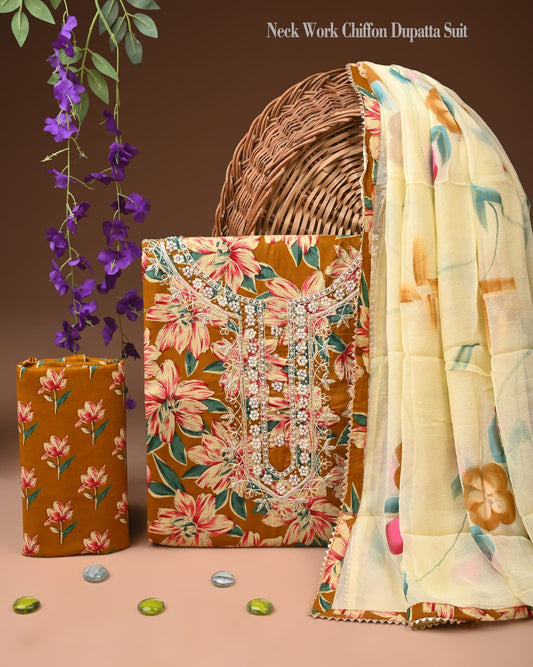 Premium Gota Patti Work Cotton Suit Set With Chiffon Dupatta