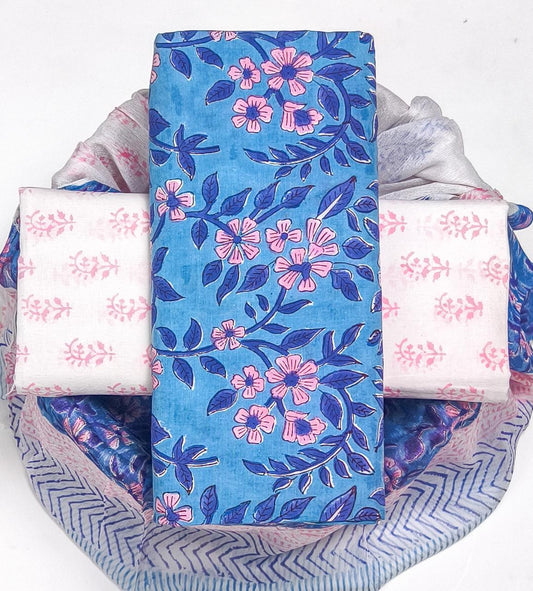 Pure Cotton Hand Block Printed Suit Set With Chiffon Dupatta