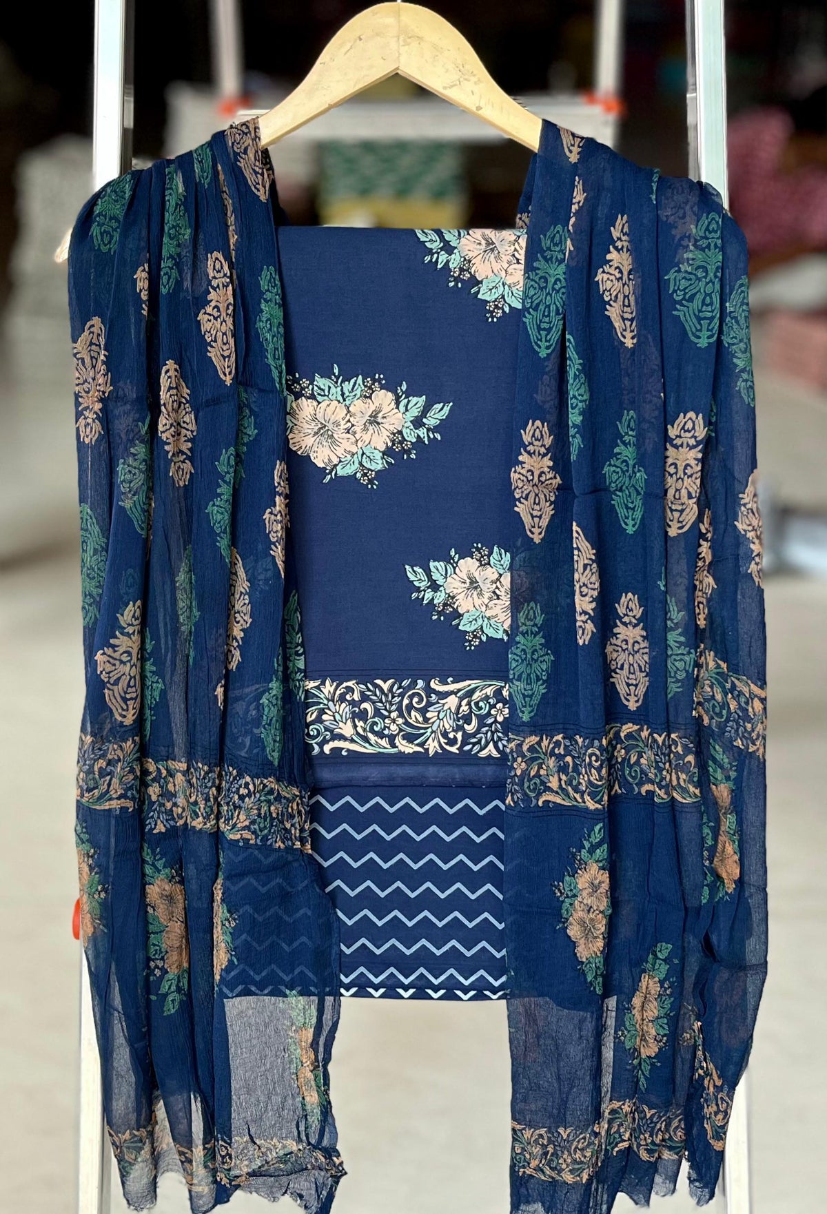 Pure Soft Cotton Hand Block Printed Suit Set With Chiffon Dupatta