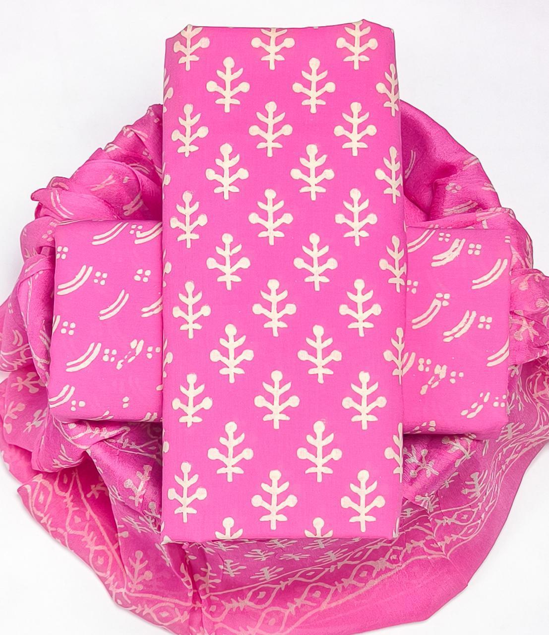 Pure Cotton Hand Block Printed Suit Set With Chiffon Dupatta