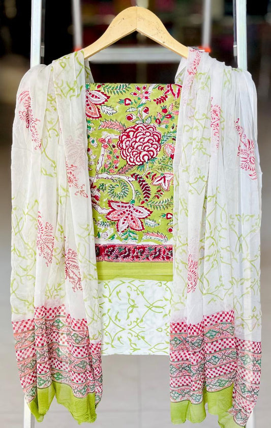 Pure Cotton Hand Block Printed Suit Set With Chiffon Dupatta