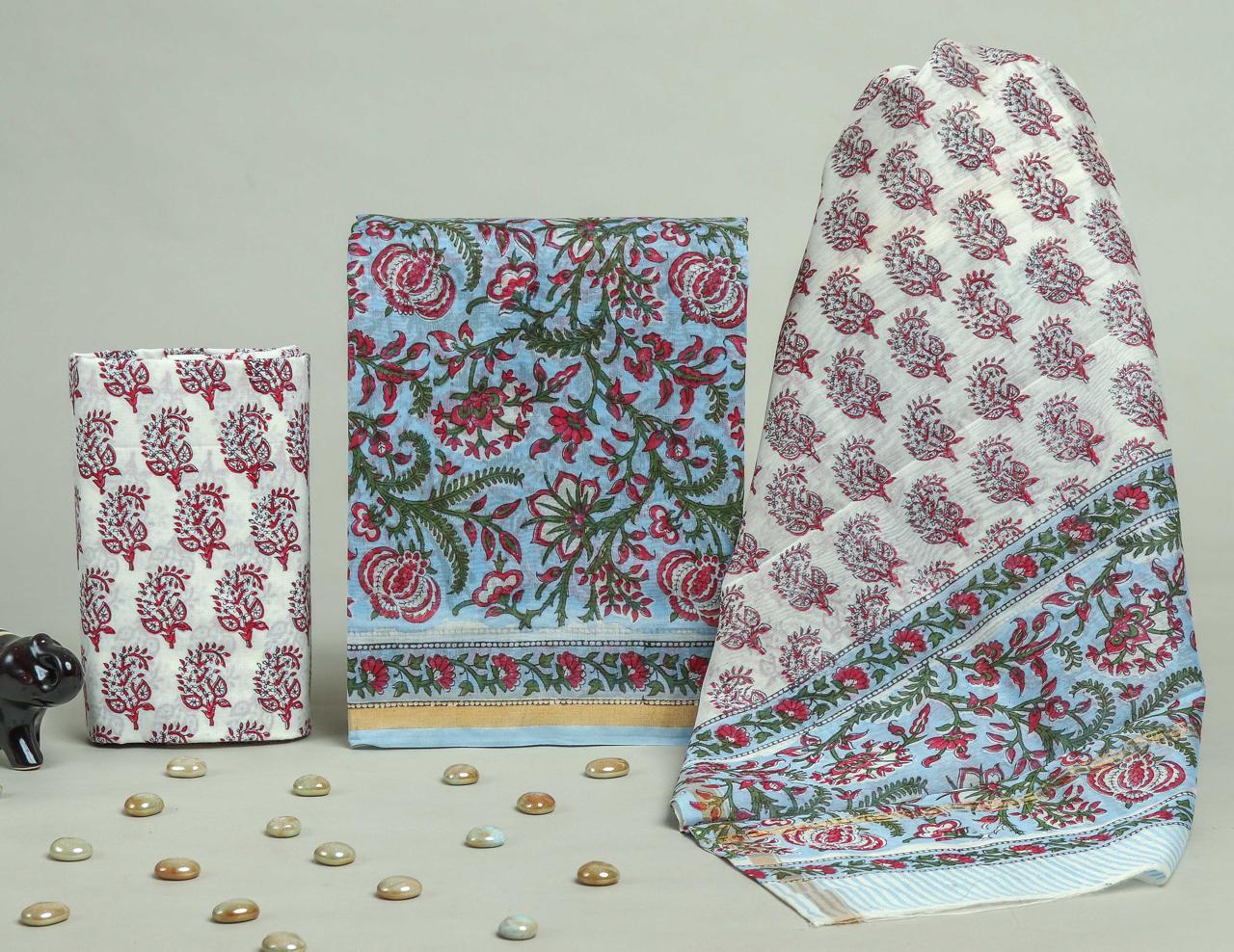 Designer Handblock Printed Chanderi Silk Suit Set