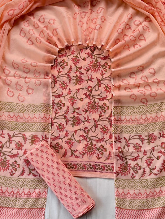 Pure Soft Cotton Hand Block Printed Suit Set With Cotton Dupatta