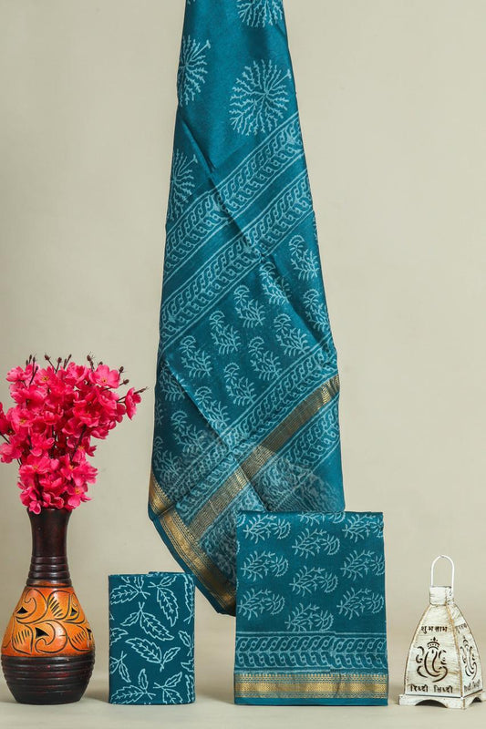 Designer Handblock Printed Maheshwari Silk Suit Set