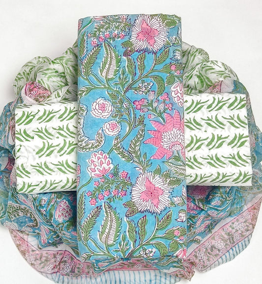 Pure Cotton Hand Block Printed Suit Set With Chiffon Dupatta