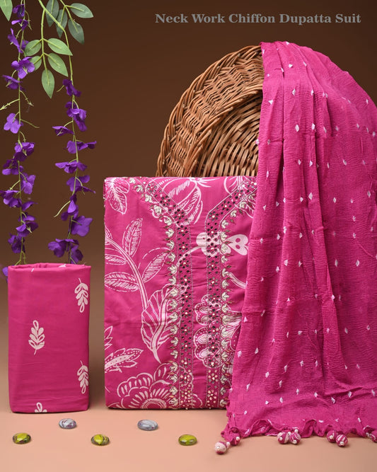 Premium Gota Patti Work Cotton Suit Set With Chiffon Dupatta
