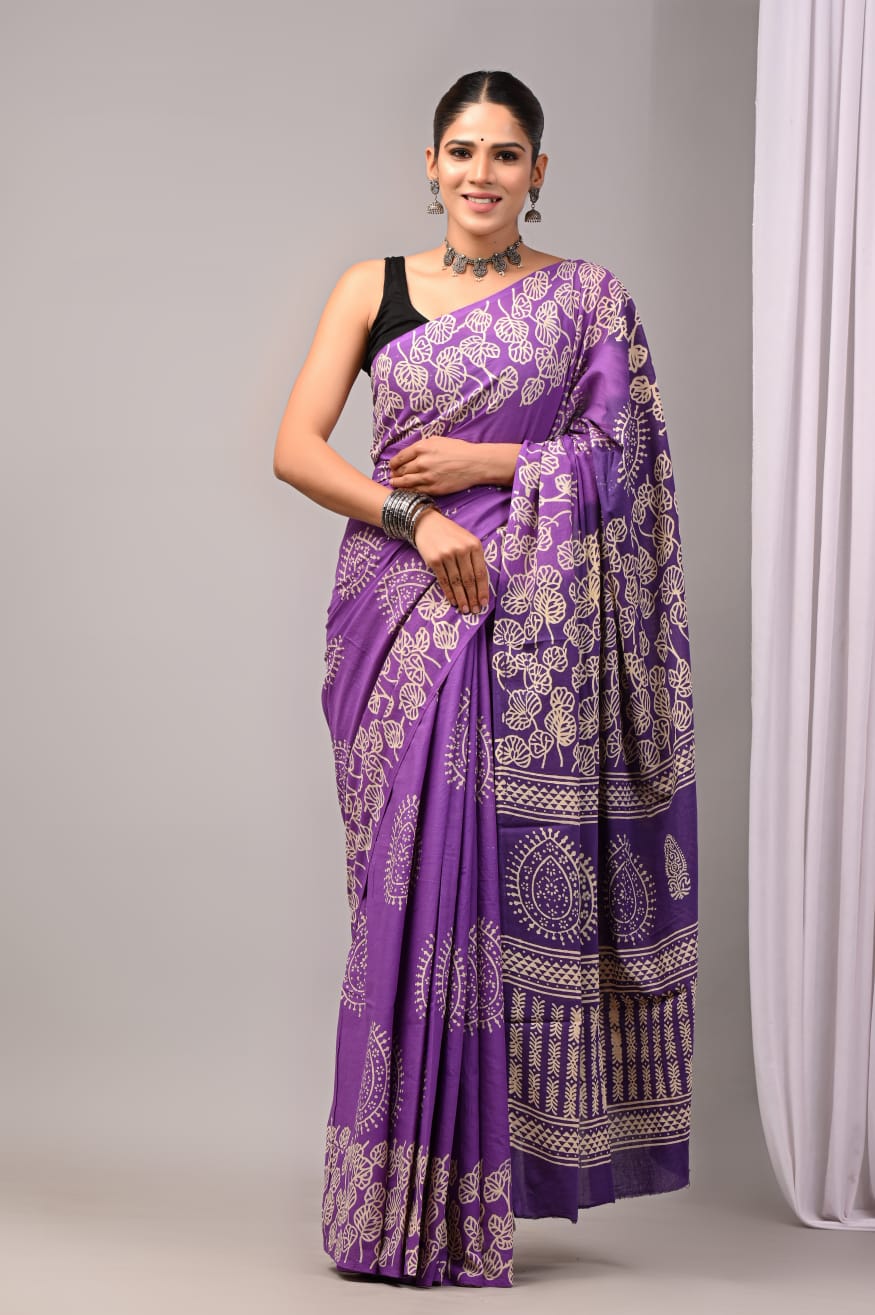 Pure Soft Cotton Handblock Printed Saree With Blouse