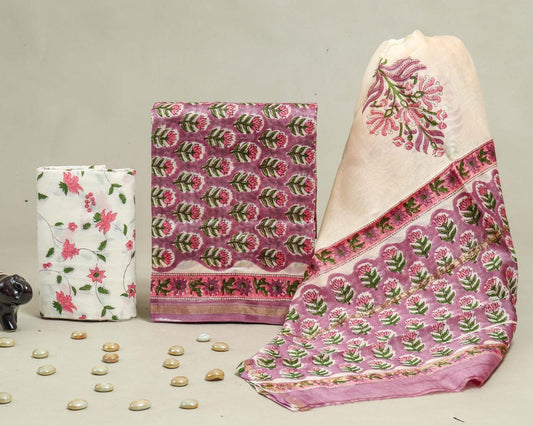 Designer Handblock Printed Chanderi Silk Suit Set