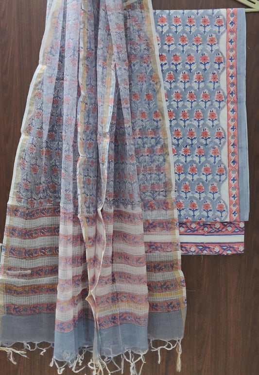 Pure Cotton Hand Block Printed Suit Set With Kota Doria Dupatta