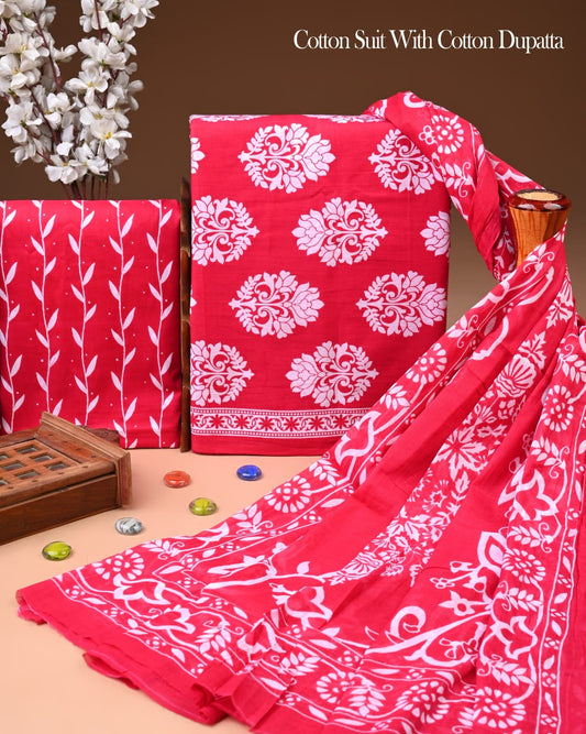 Pure Soft Cotton Hand Block Printed Suit Set With Cotton Dupatta
