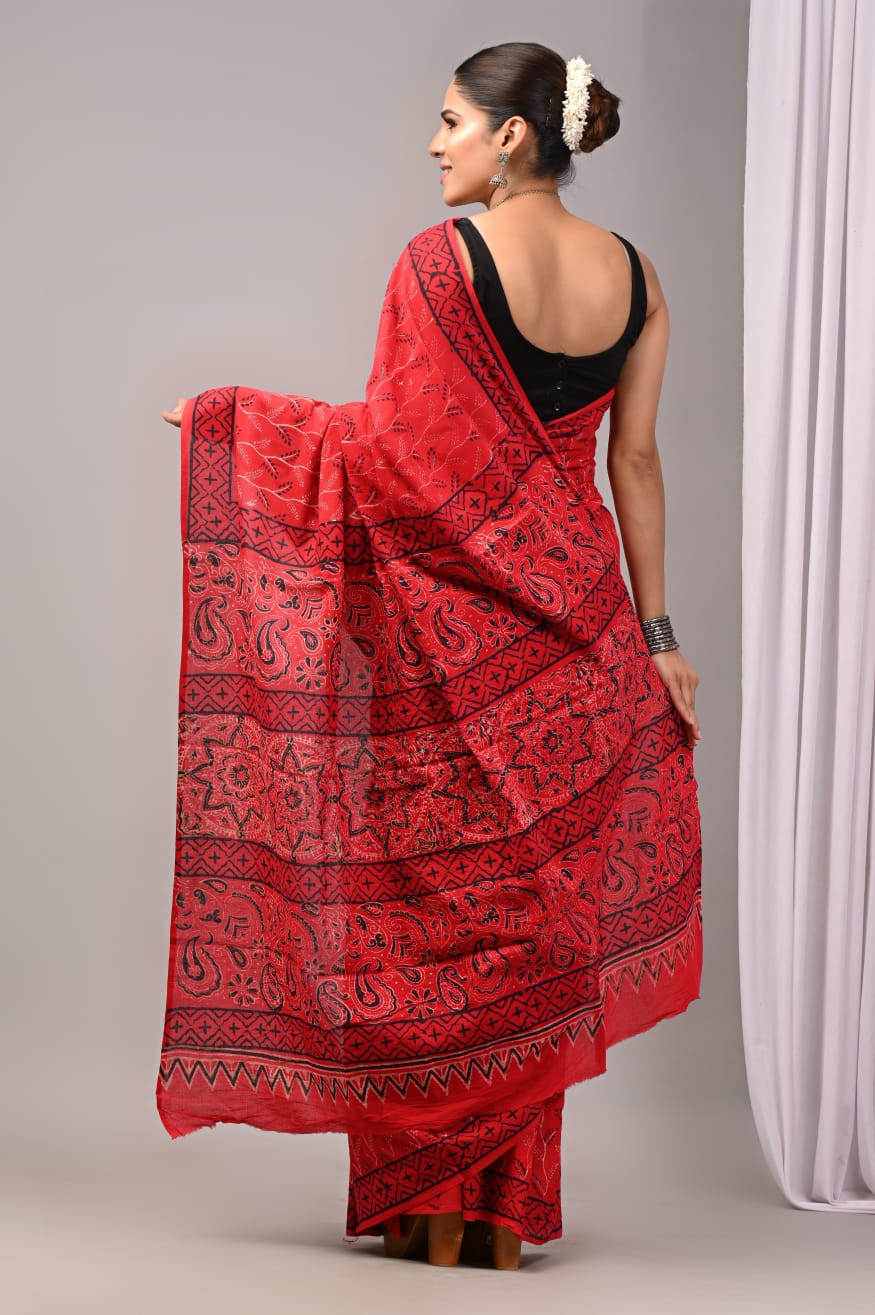 Pure Soft Cotton Handblock Printed Saree With Blouse