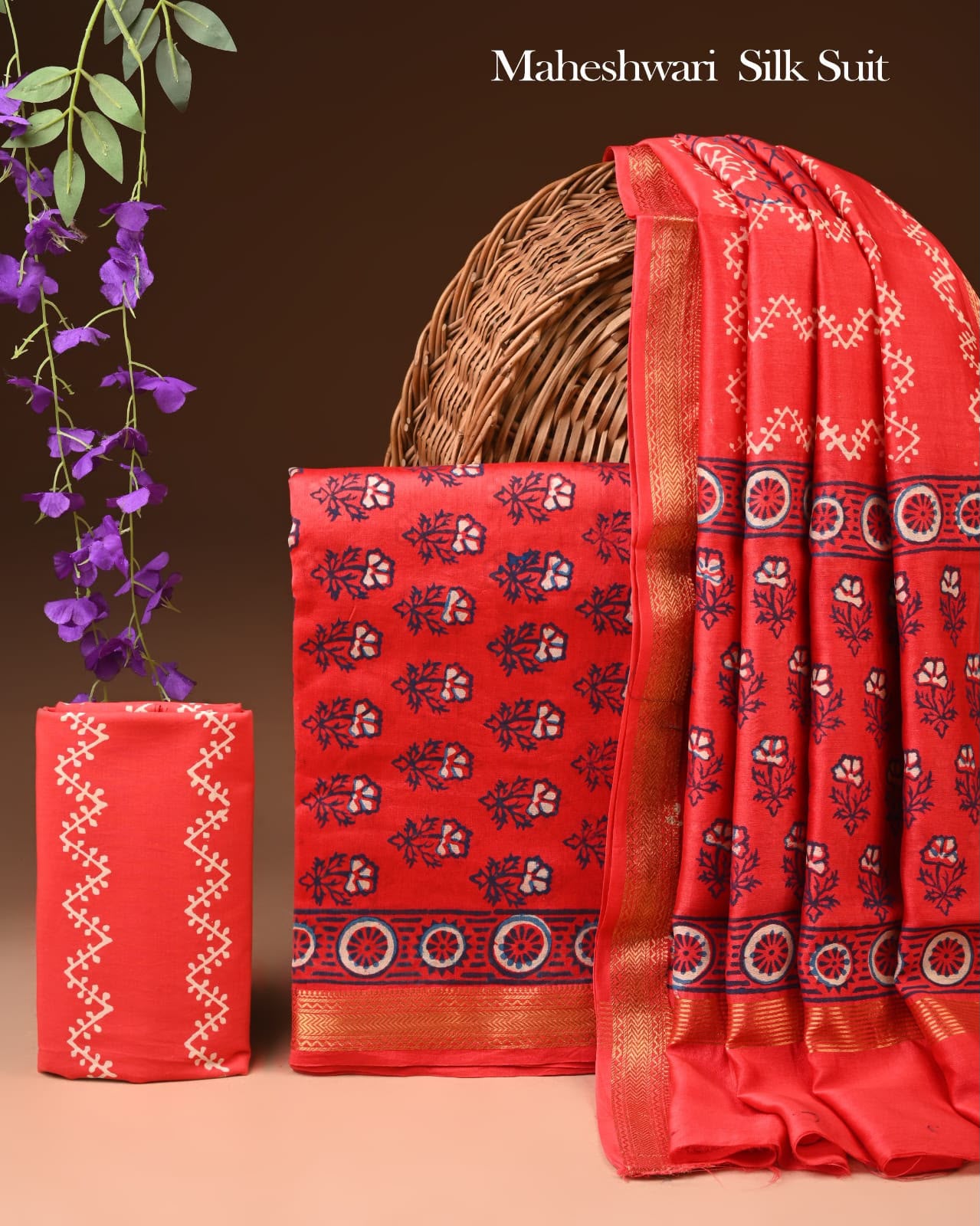 Premium Designer Handblock Printed Maheshwari Silk Suit Set
