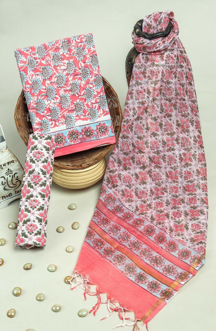Pure Cotton Hand Block Printed Suit Set With Kota Doria Dupatta