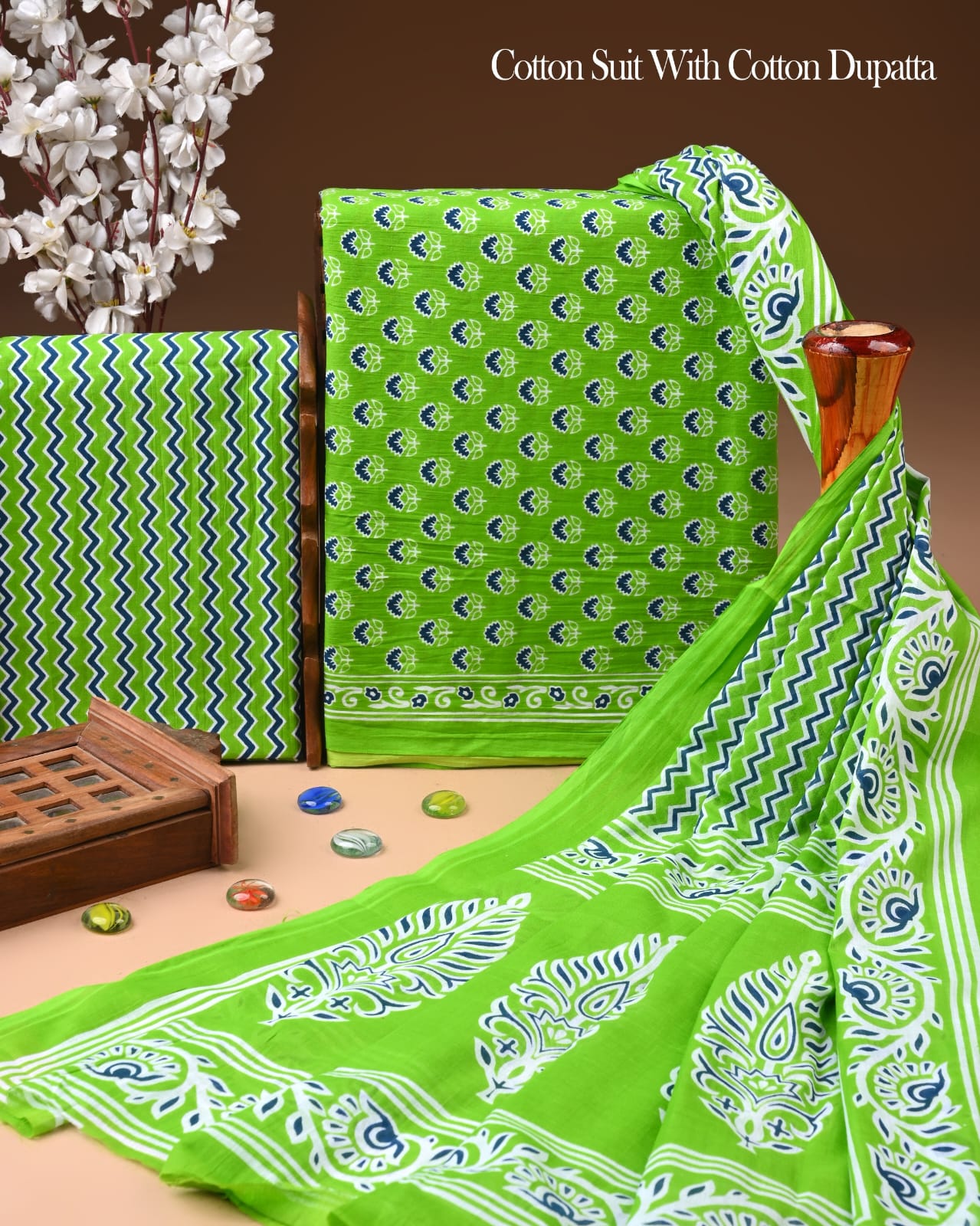 Designer Hand Block Printed Cotton Suit Set With Cotton Dupatta