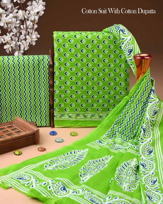 Designer Hand Block Printed Cotton Suit Set With Cotton Dupatta
