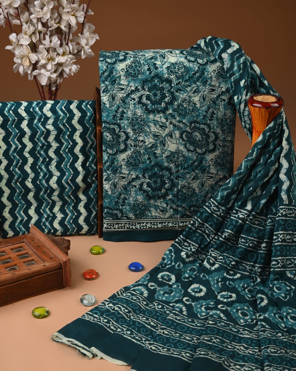 Designer Hand Block Printed Cotton Suit Set With Cotton Dupatta