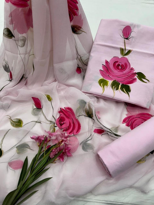 Pure Cotton Hand Block Printed Suit Set With Chiffon Dupatta