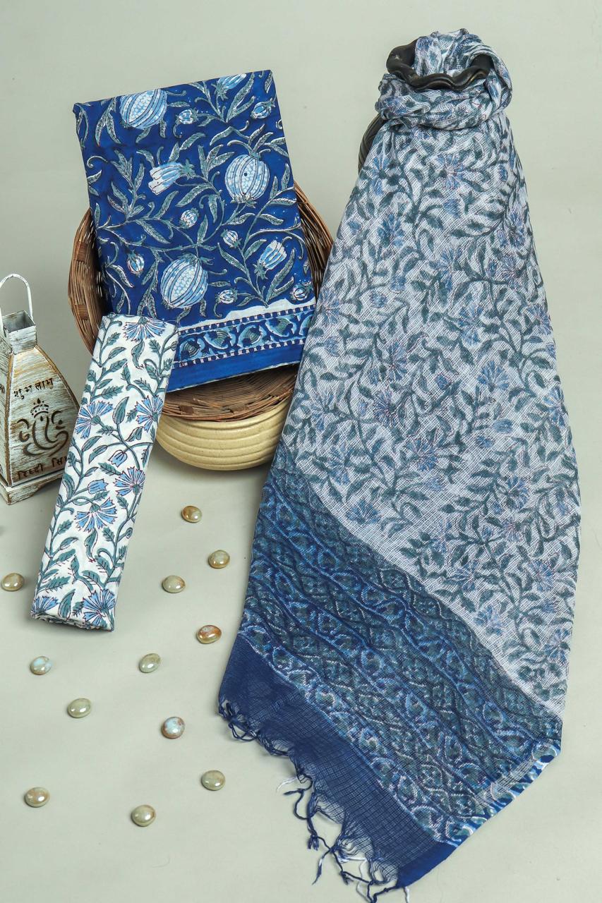 Pure Cotton Hand Block Printed Suit Set With Kota Doria Dupatta