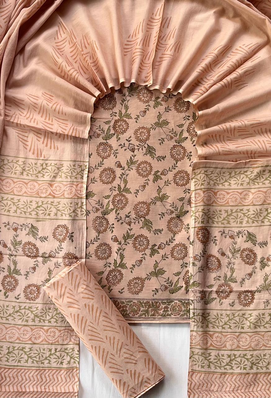 Pure Soft Cotton Hand Block Printed Suit Set With Cotton Dupatta