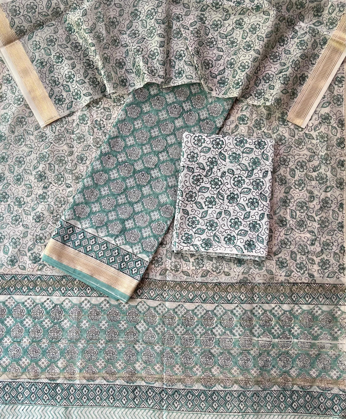 Premium Designer Handblock Printed Maheshwari Silk Suit Set