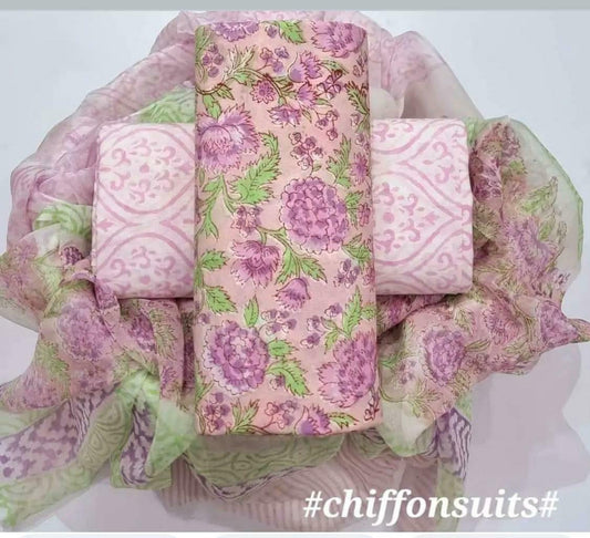 Pure Cotton Hand Block Printed Suit Set With Chiffon Dupatta