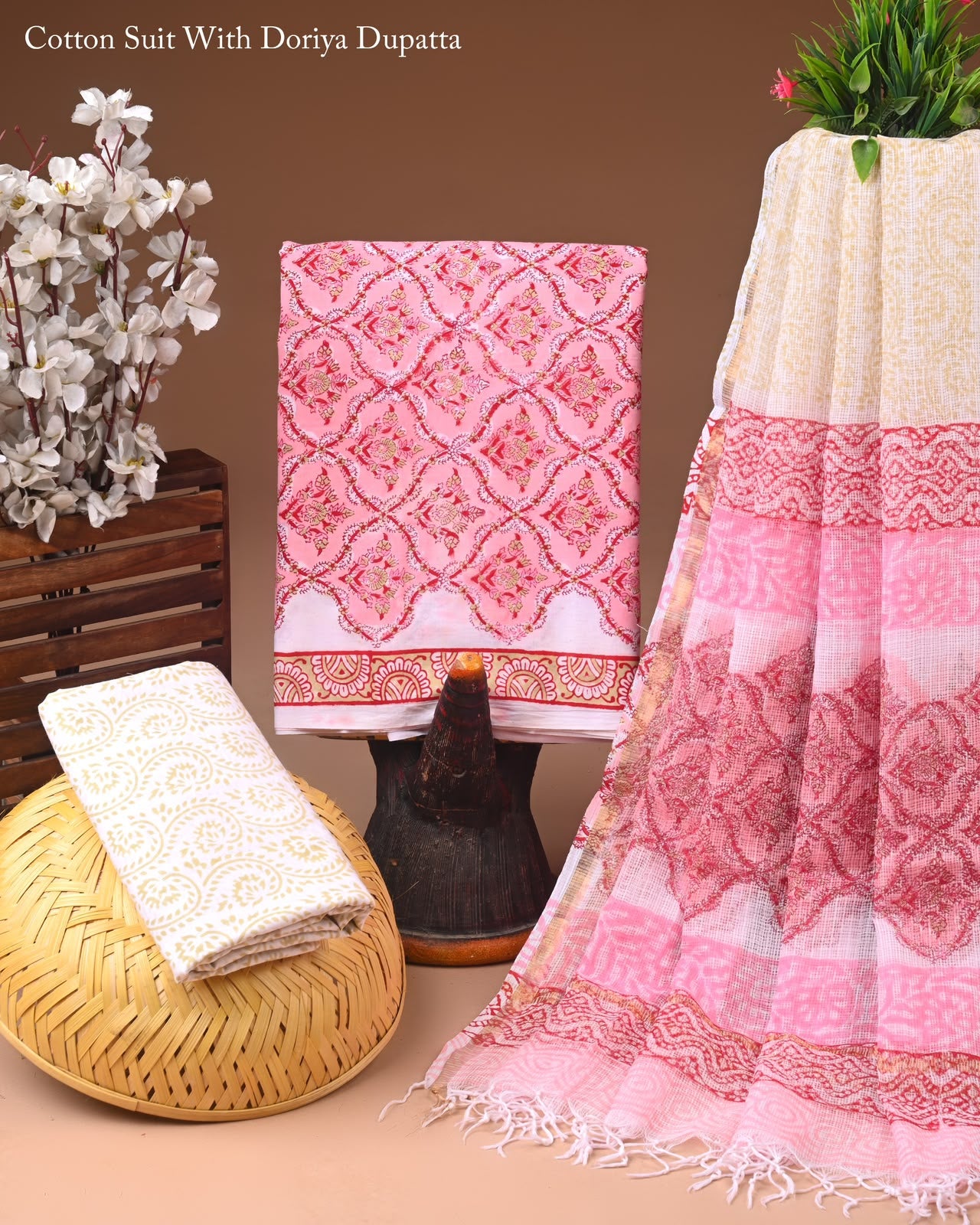 Pure Cotton Hand Block Printed Suit Set With Kota Doria Dupatta