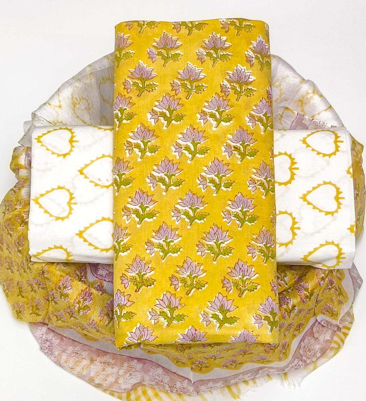 Pure Cotton Hand Block Printed Suit Set With Chiffon Dupatta