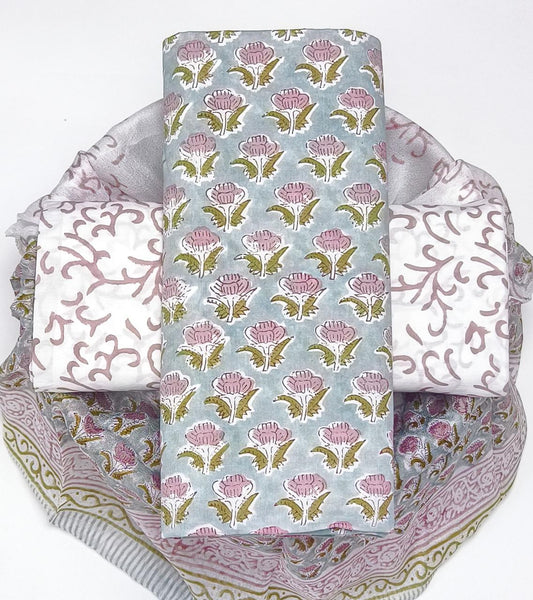 Pure Cotton Hand Block Printed Suit Set With Chiffon Dupatta