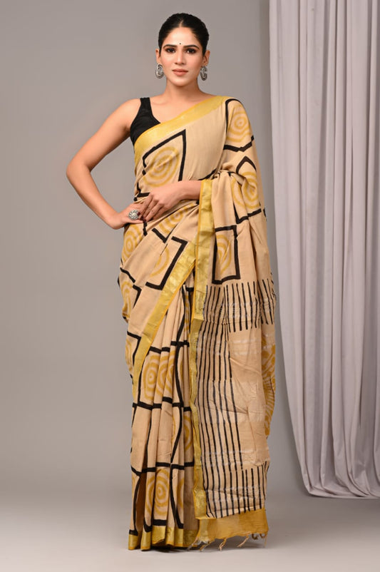 Pure Cotton Linen Handblock Printed Saree With Blouse