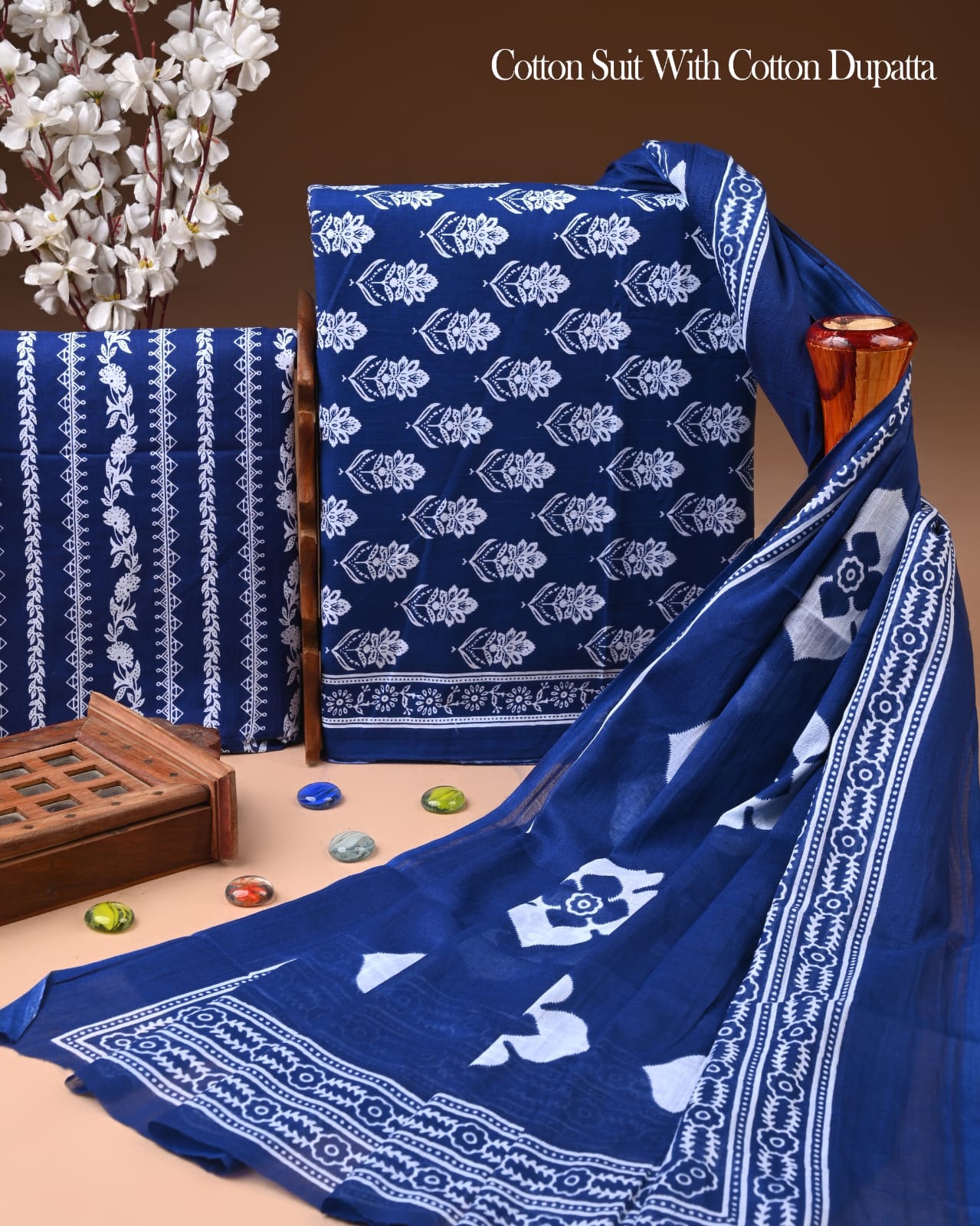 Designer Hand Block Printed Cotton Suit Set With Cotton Dupatta