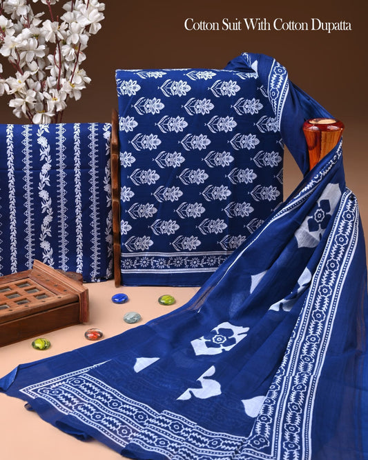 Designer Hand Block Printed Cotton Suit Set With Cotton Dupatta