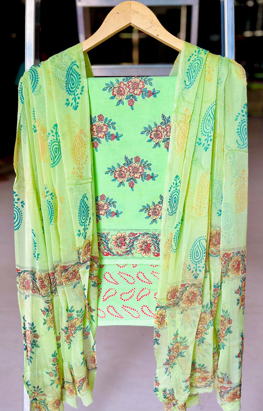 Pure Cotton Hand Block Printed Suit Set With Chiffon Dupatta