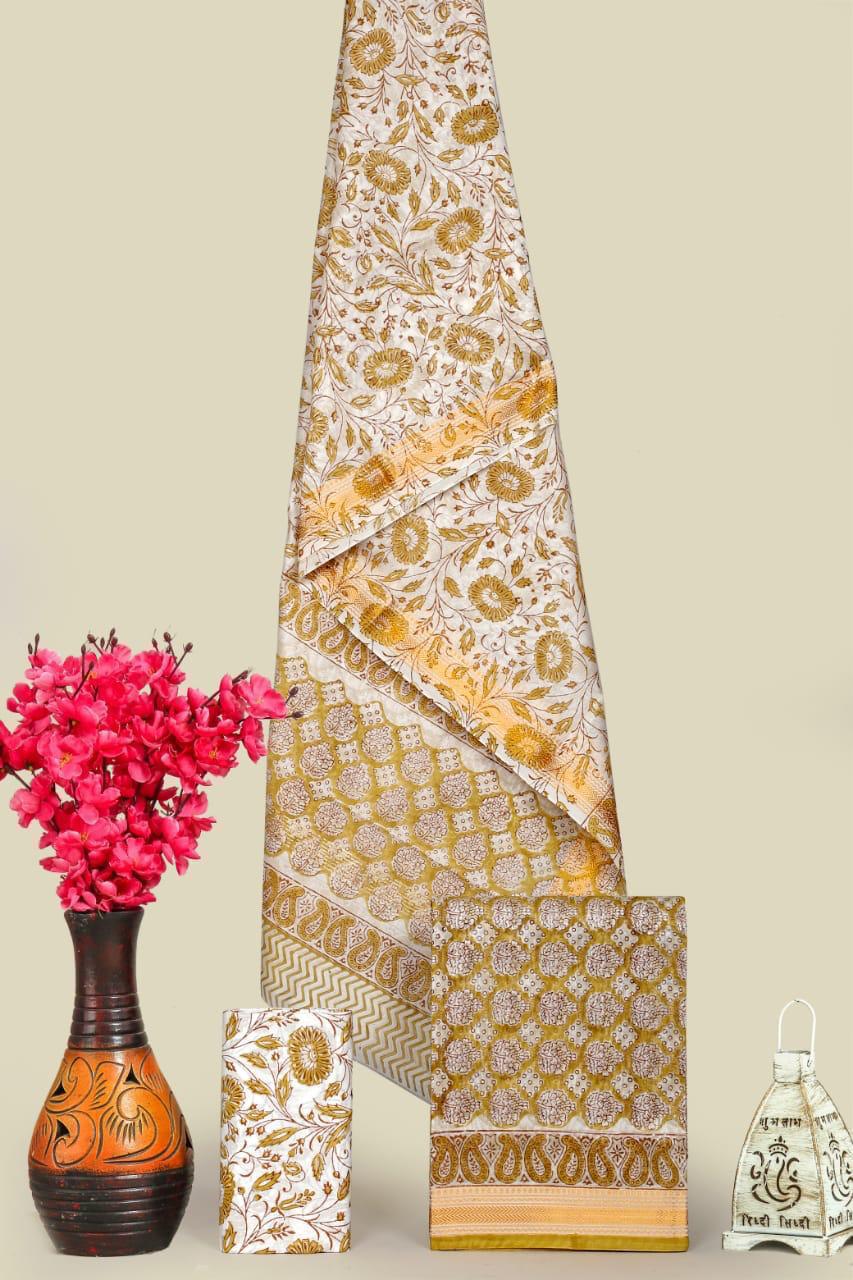 Premium Designer Handblock Printed Maheshwari Silk Suit Set