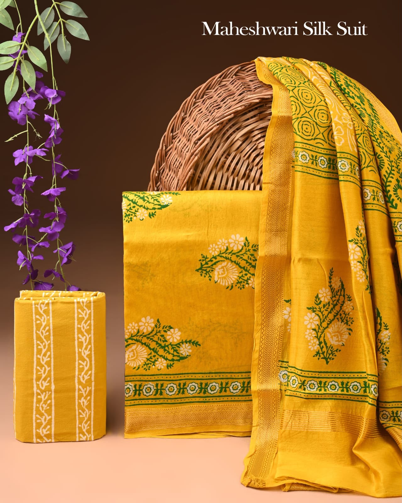 Premium Designer Handblock Printed Maheshwari Silk Suit Set